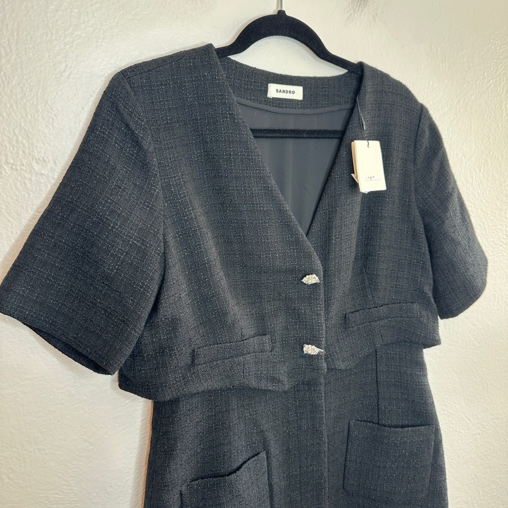 Sandro Manhattan Black Tweed Mini Dress SFPRO03142 Noir Sz 42 NEW - Picture 10 of 10